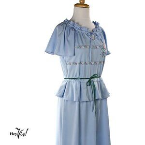 Vintage 80s Powder Blue Peplum Dress - Cap Sleeves